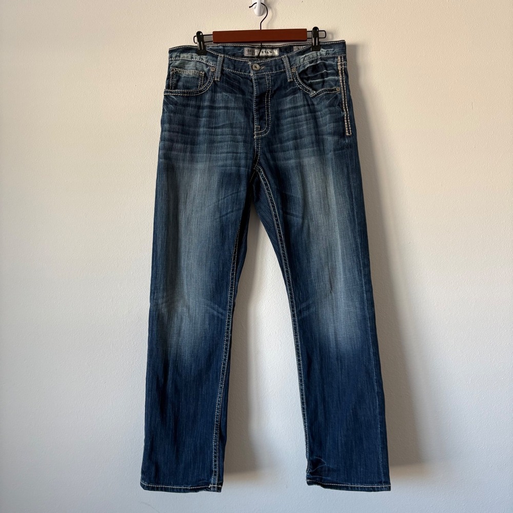 BKE Ryan Men's 34x31 Straight Leg Jeans Dark Wash Button Fly 34R Thick Stitching
